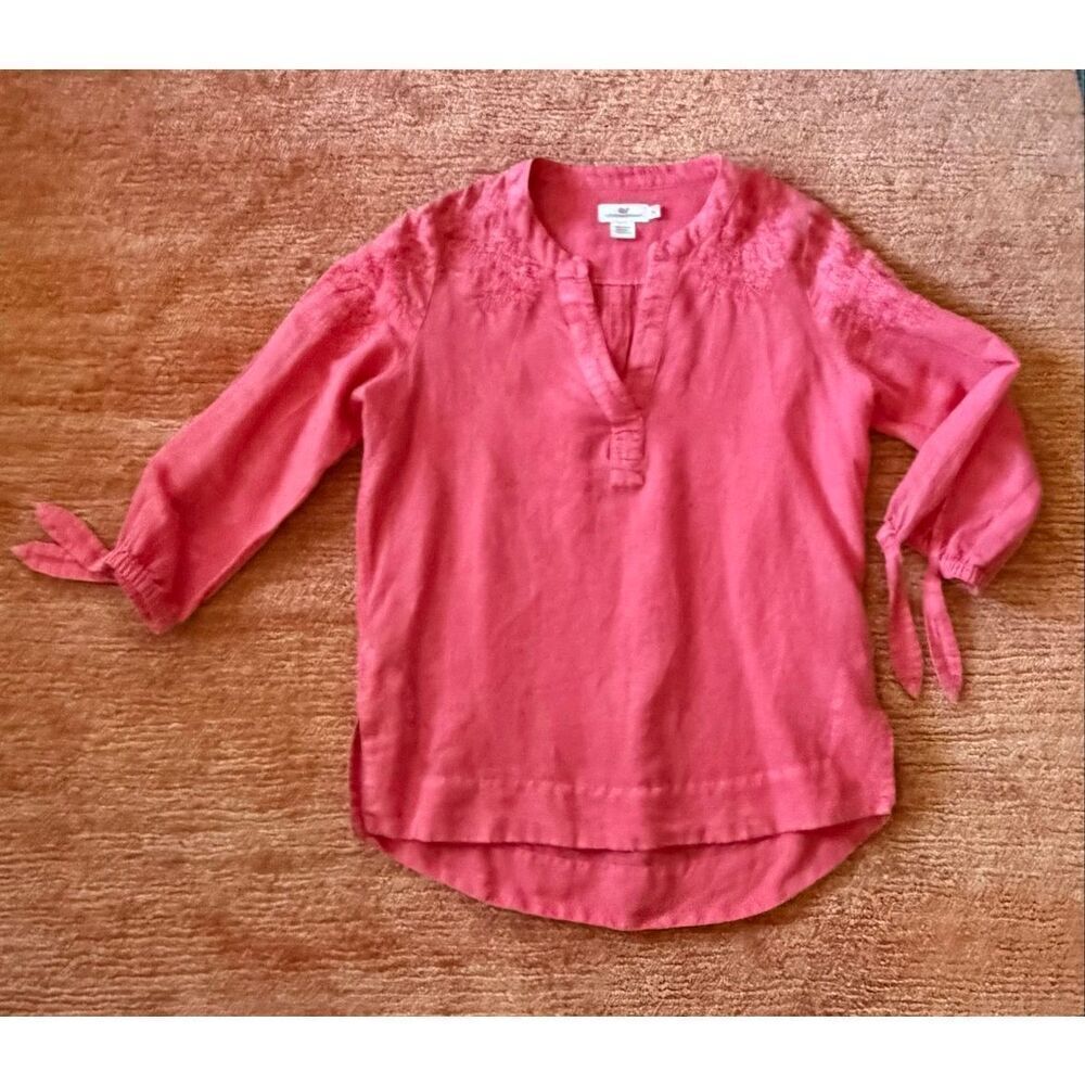 Vineyard Vines Pink Embroidered Linen Blend Tie Sleeve Blouse Size XS